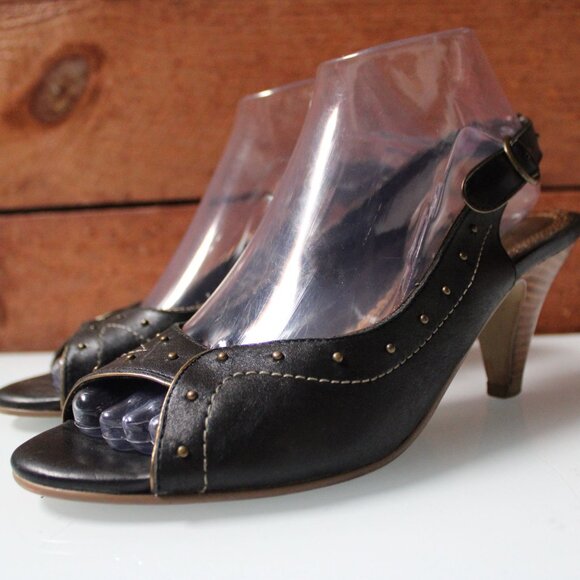 Seychelles Black Studded Leather Peep Toe Slingback Heels Size 8 Women’s Shoes - Picture 1 of 12